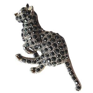 Black Rhinestone Brooch Figural Running Cat Silver Tone Sparkly Costume Jewelry